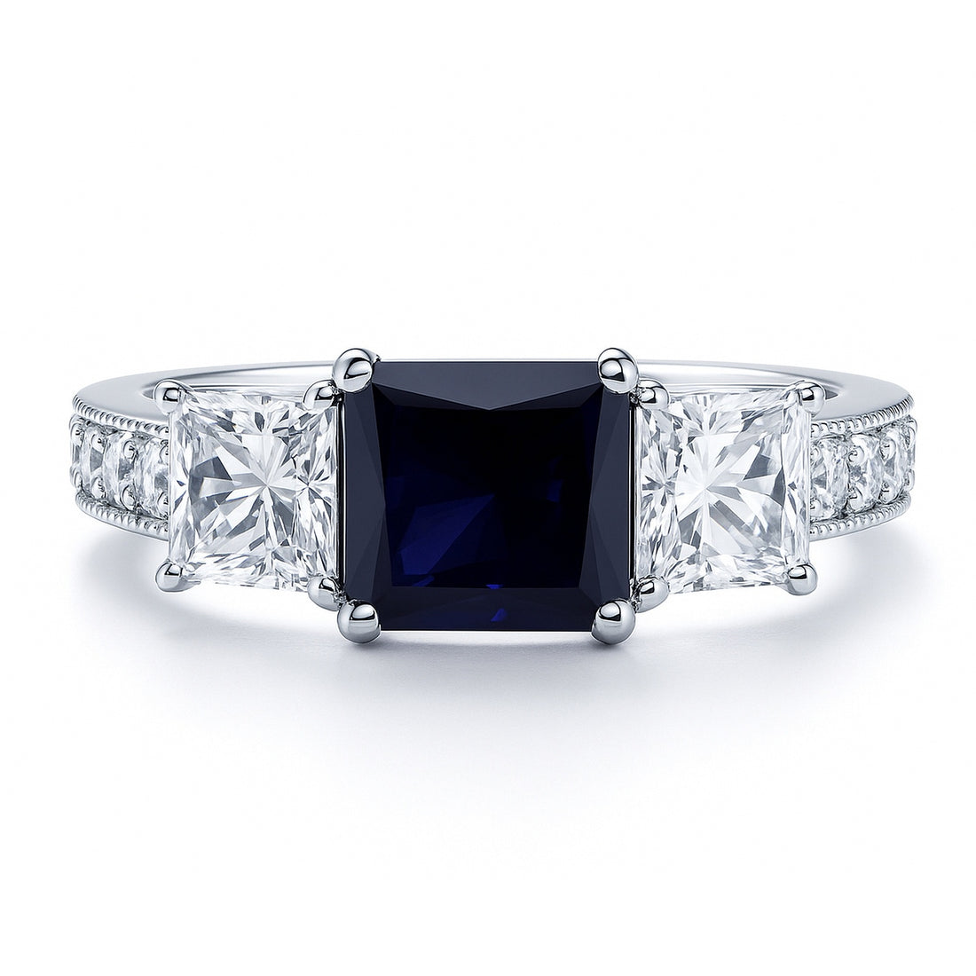 3-Stone 1.6ct Sapphire-Blue Princess CZ Ring in Sterling Silver