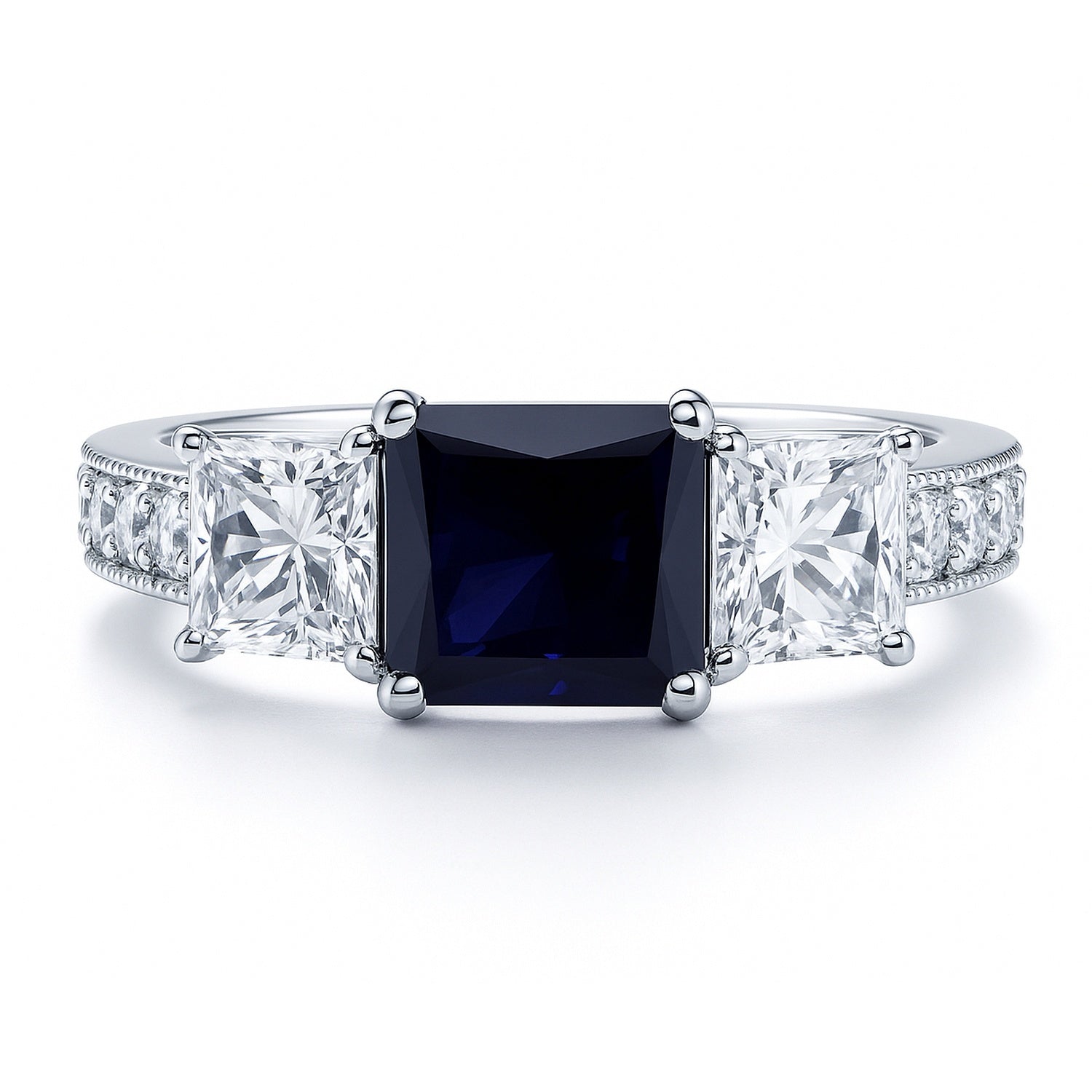 3-Stone 1.6ct Sapphire-Blue Princess CZ Ring in Sterling Silver, 1 of 9