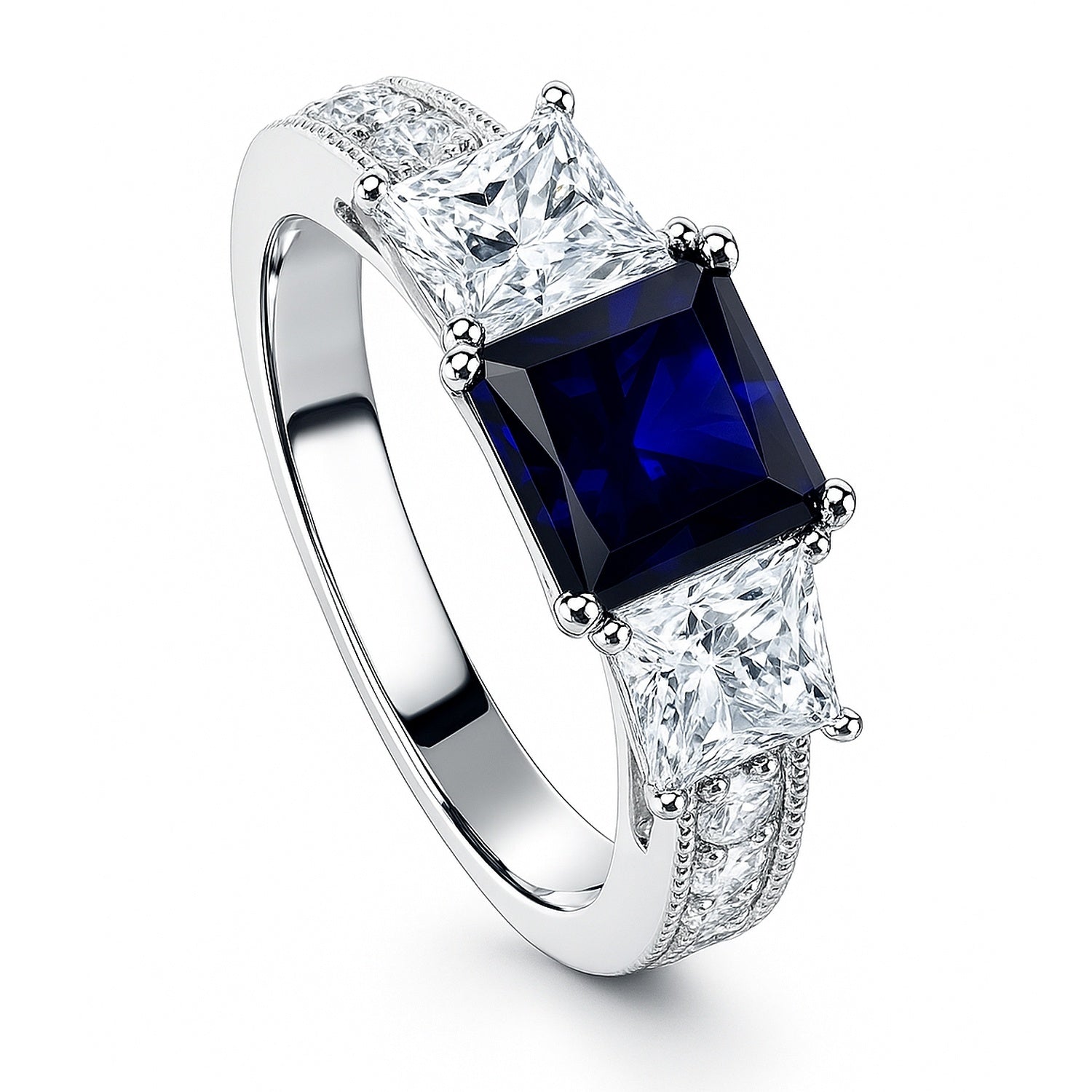 3-Stone 1.6ct Sapphire-Blue Princess CZ Ring in Sterling Silver, 4 of 9