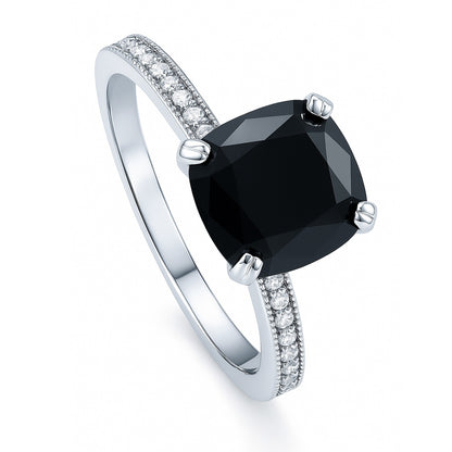 Solitaire 3ct Black Cushion CZ Ring in Sterling Silver