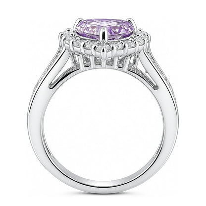 Halo Heart Purple Heart CZ Ring in Sterling Silver