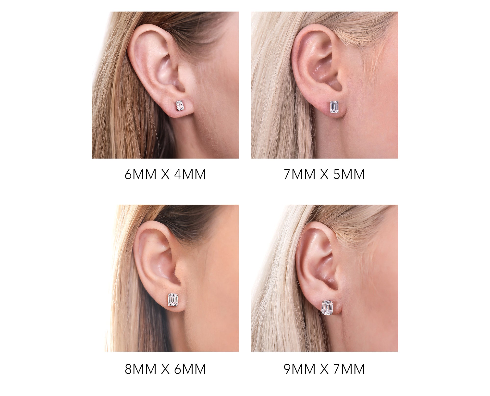 emerald cut stud earrings size guide chart