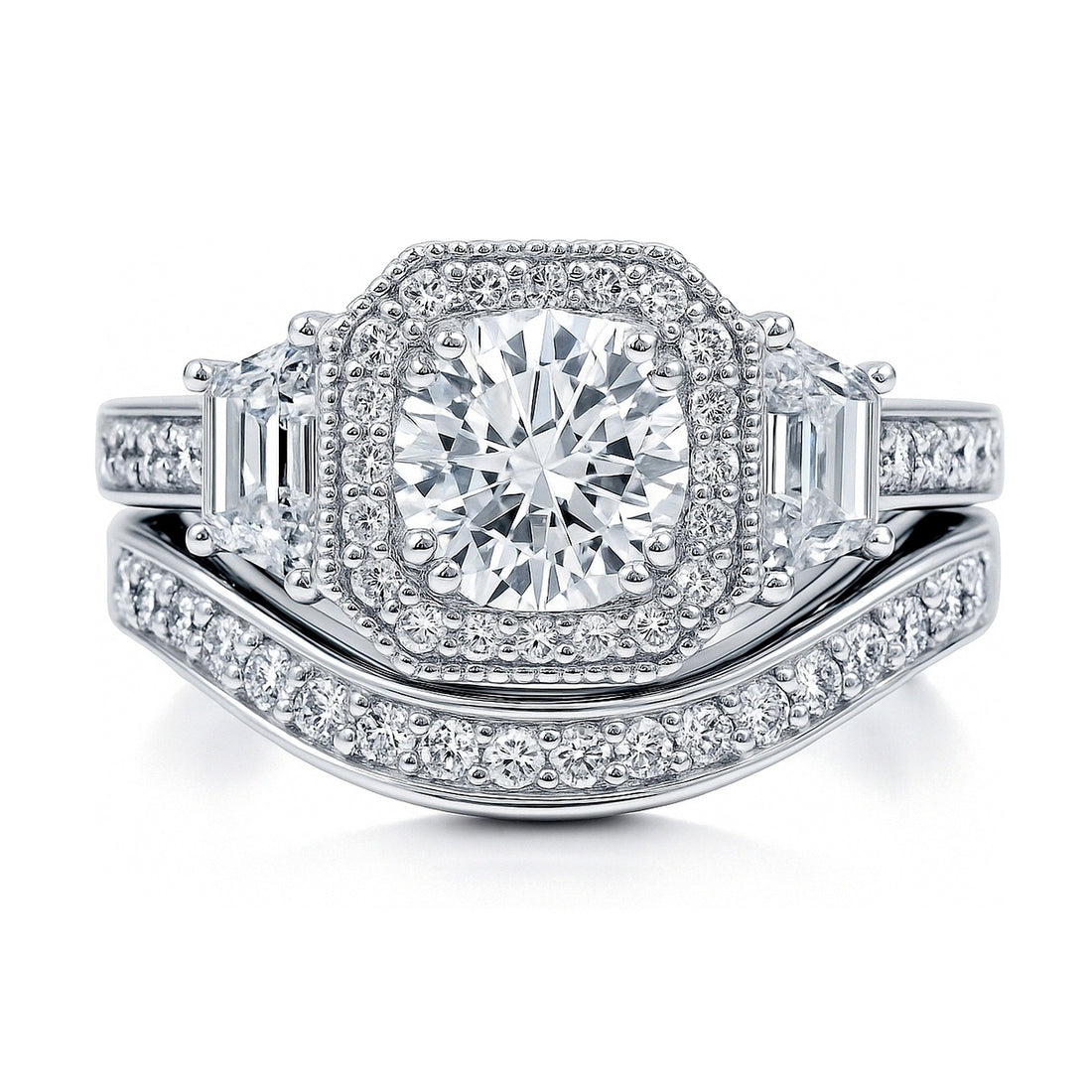 Halo Art Deco CZ Ring Set in Sterling Silver