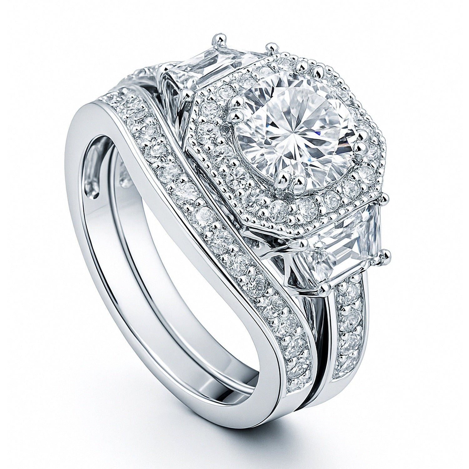 Halo Art Deco CZ Ring Set in Sterling Silver, 4 of 14