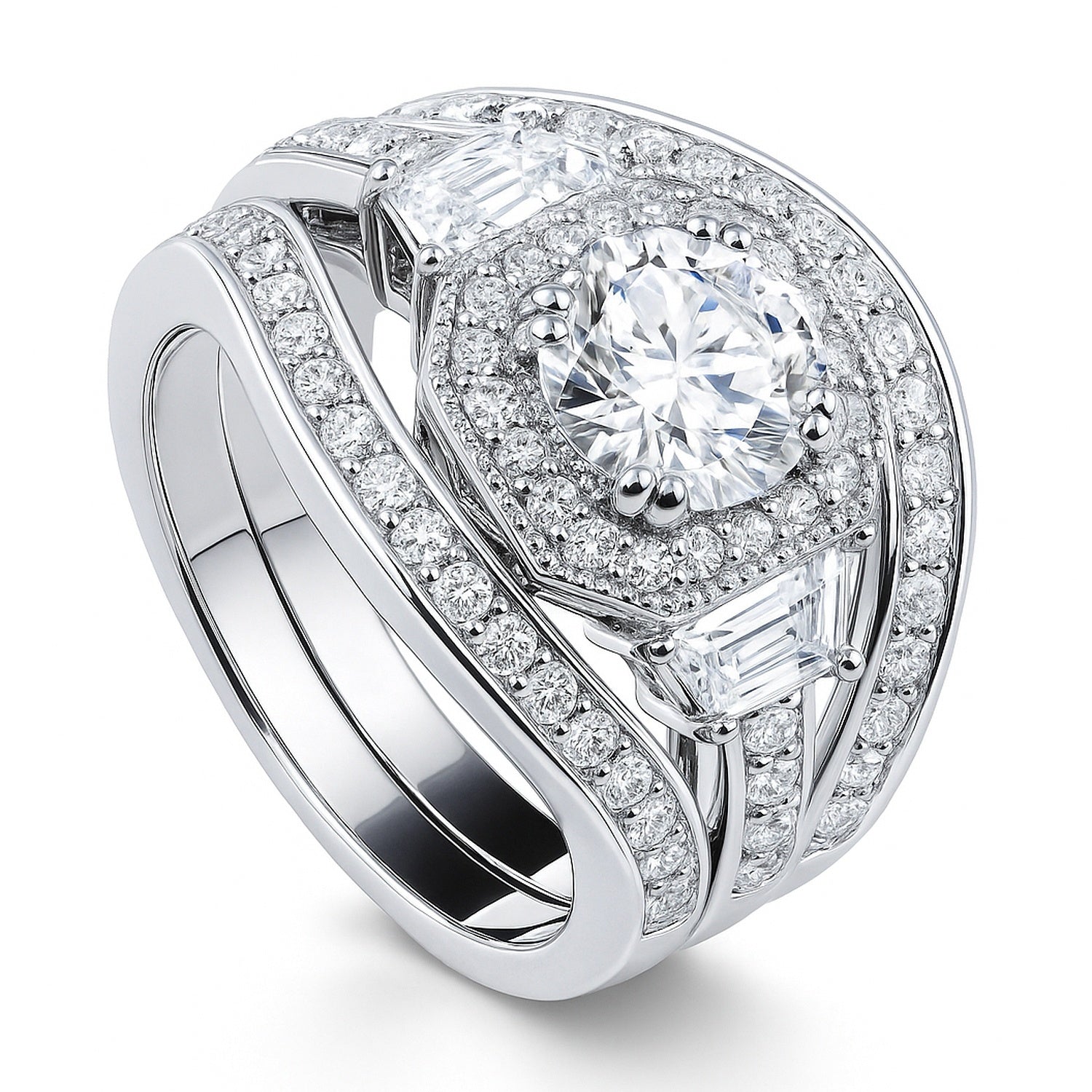Halo Art Deco CZ Ring Set in Sterling Silver