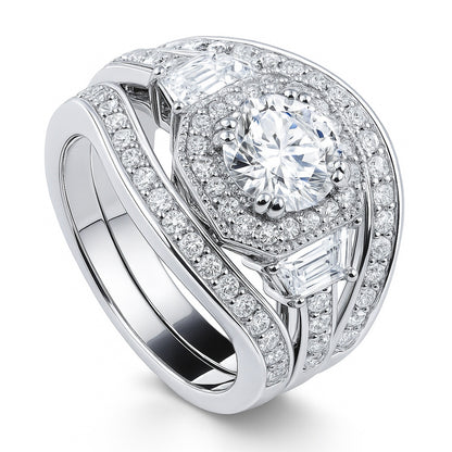 Halo Art Deco CZ Ring Set in Sterling Silver