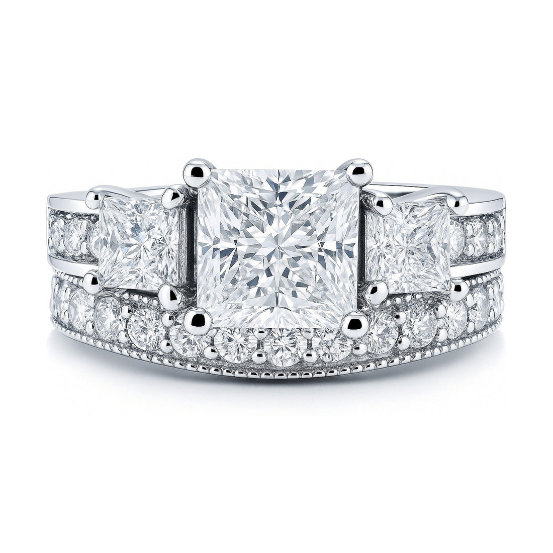 3-Stone 2ct Princess CZ Ring Set in Sterling Silver