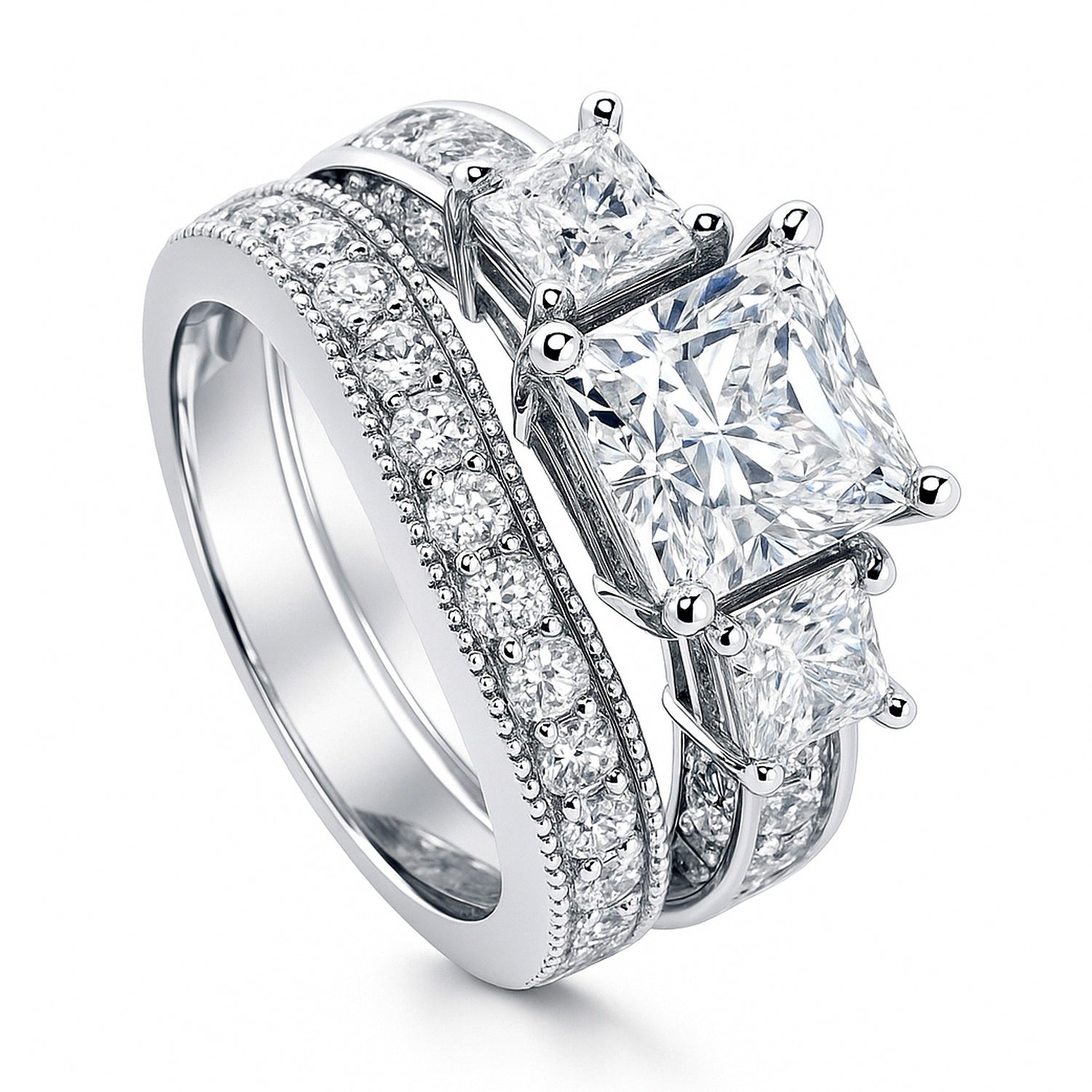 3-Stone 2ct Princess CZ Ring Set in Sterling Silver