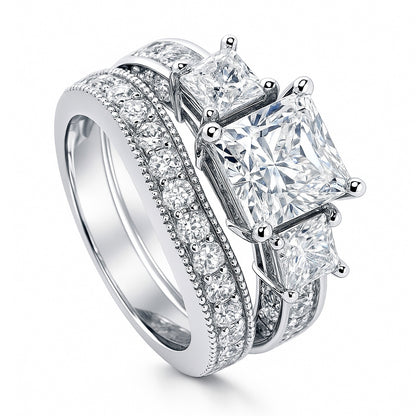 3-Stone 2ct Princess CZ Ring Set in Sterling Silver
