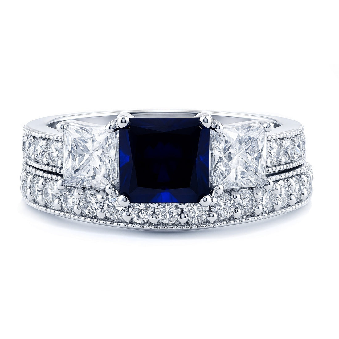 3-Stone Sapphire-Blue Princess CZ Ring Set in Sterling Silver