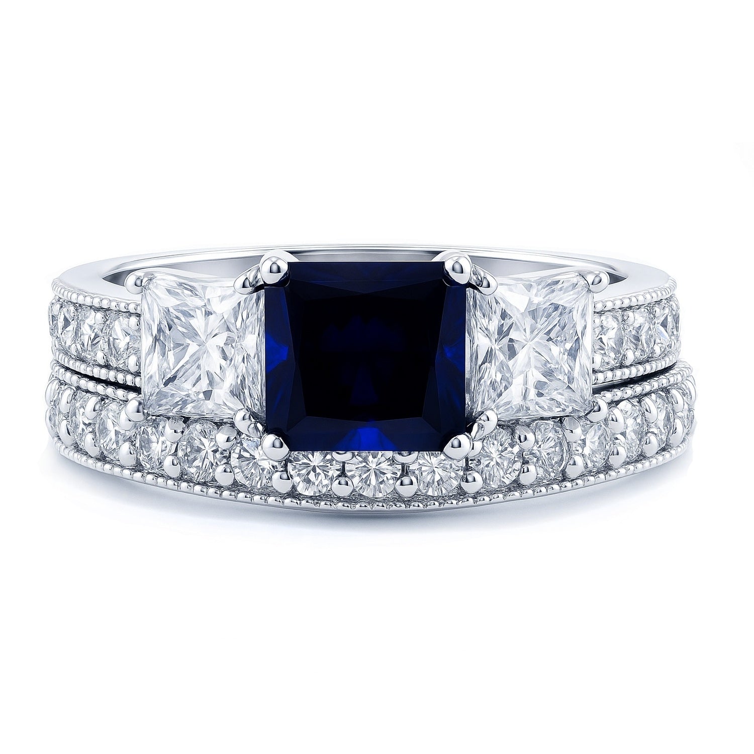 3-Stone Sapphire-Blue Princess CZ Ring Set in Sterling Silver, 1 of 9