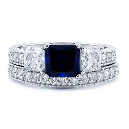 3-Stone Sapphire-Blue Princess CZ Ring Set in Sterling Silver