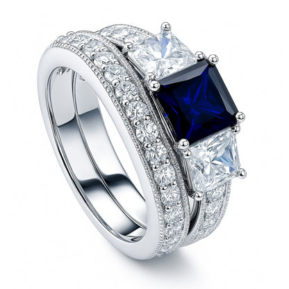 3-Stone Sapphire-Blue Princess CZ Ring Set in Sterling Silver