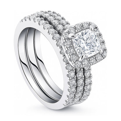 Halo Cushion CZ Ring Set in Sterling Silver