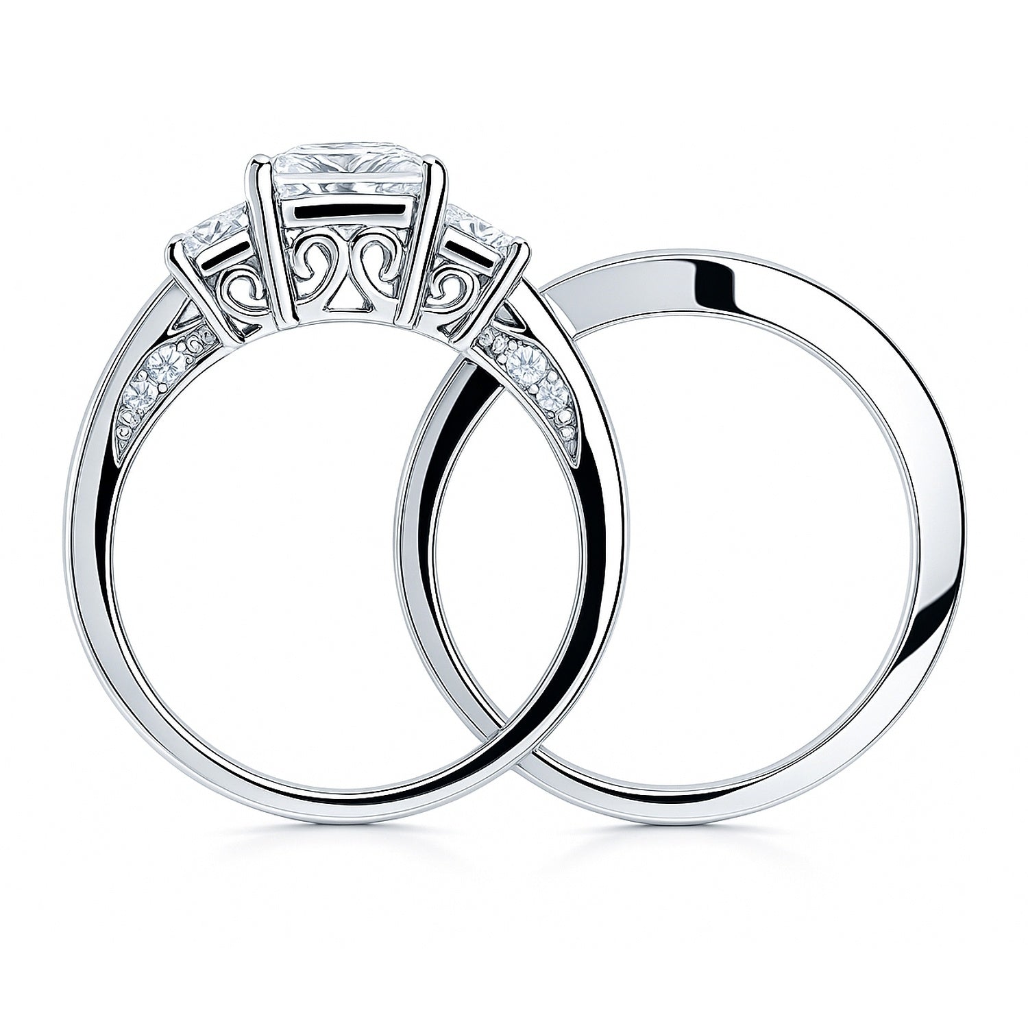 Sterling Silver 3-Stone Princess Cut CZ Engagement Ring Set #VR454