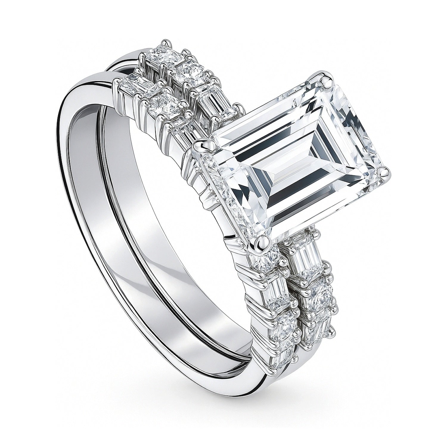 Solitaire Art Deco Emerald Cut CZ Ring Set in Sterling Silver, 4 of 19
