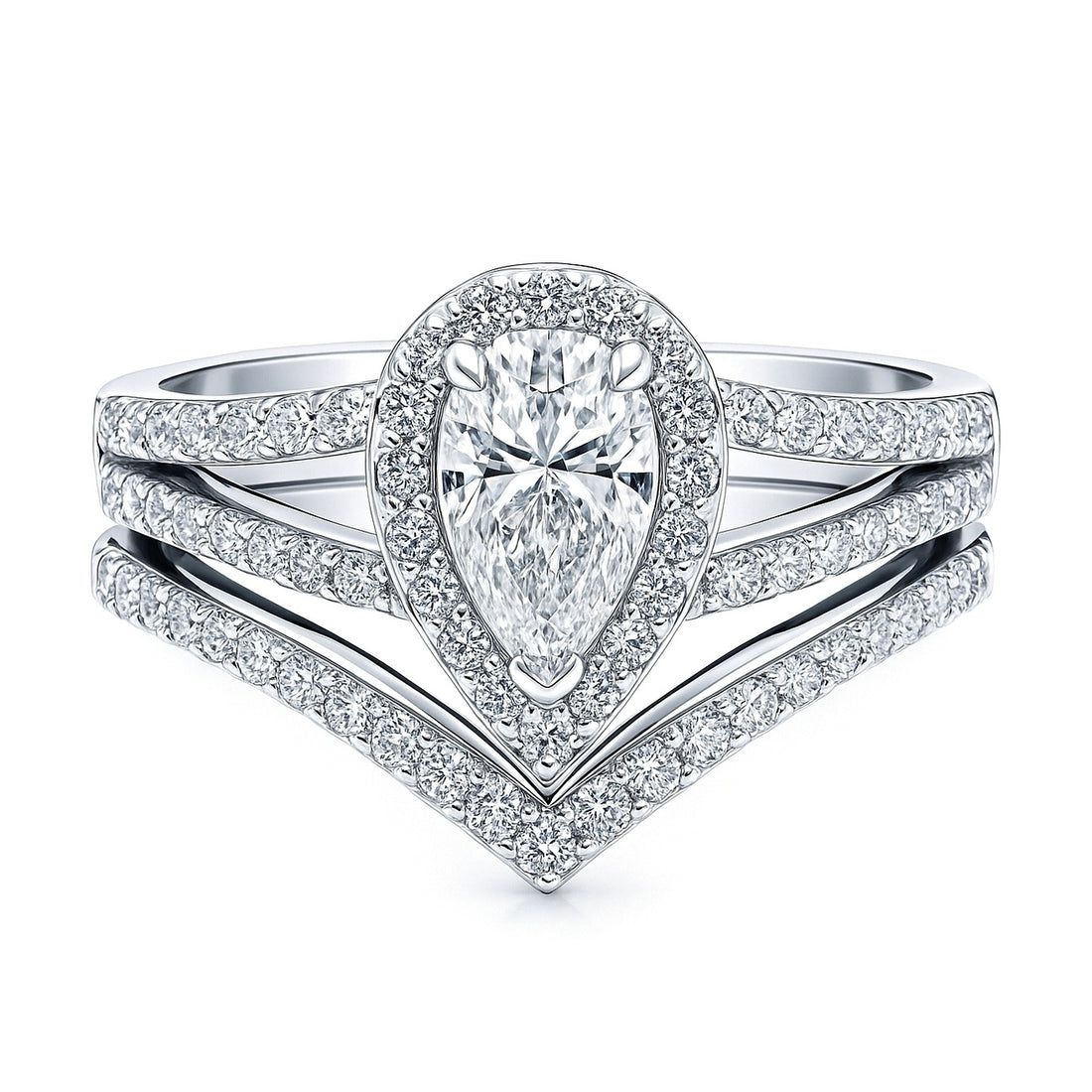 Halo Wishbone Pear CZ Split Shank Ring Set in Sterling Silver