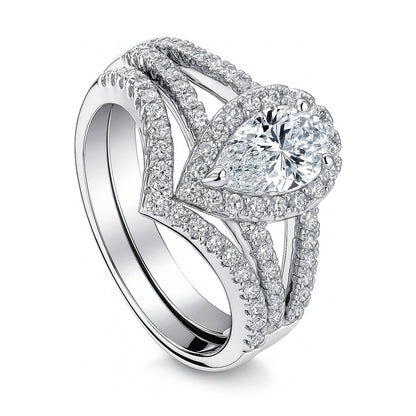 Halo Wishbone Pear CZ Split Shank Ring Set in Sterling Silver