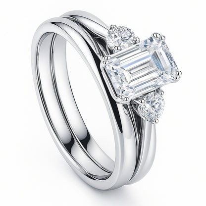 3-Stone 1ct Emerald Cut CZ Ring Set in Sterling Silver