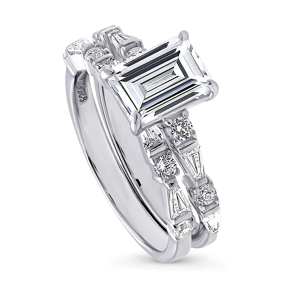 Solitaire Art Deco Emerald Cut CZ Ring Set in Sterling Silver