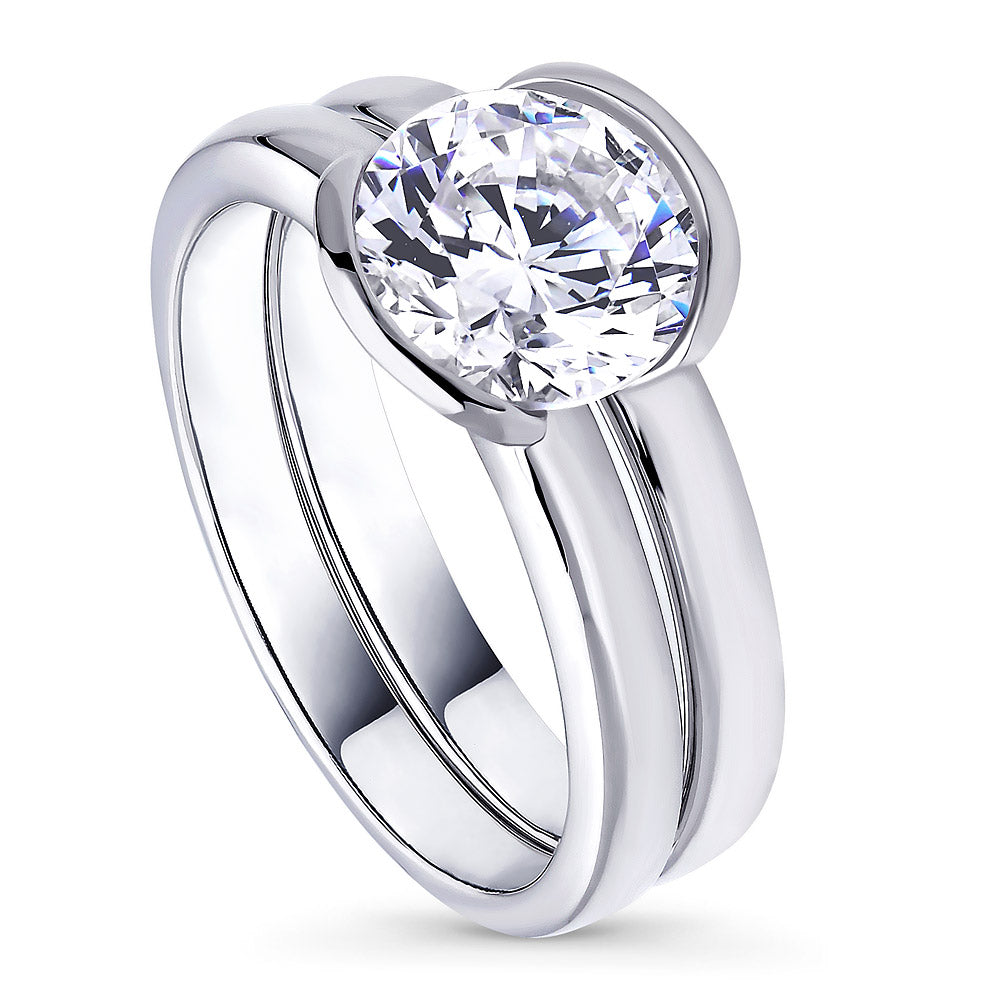 Front view of Solitaire 2ct Bezel CZ Ring Set in Sterling Silver, 4 of 7