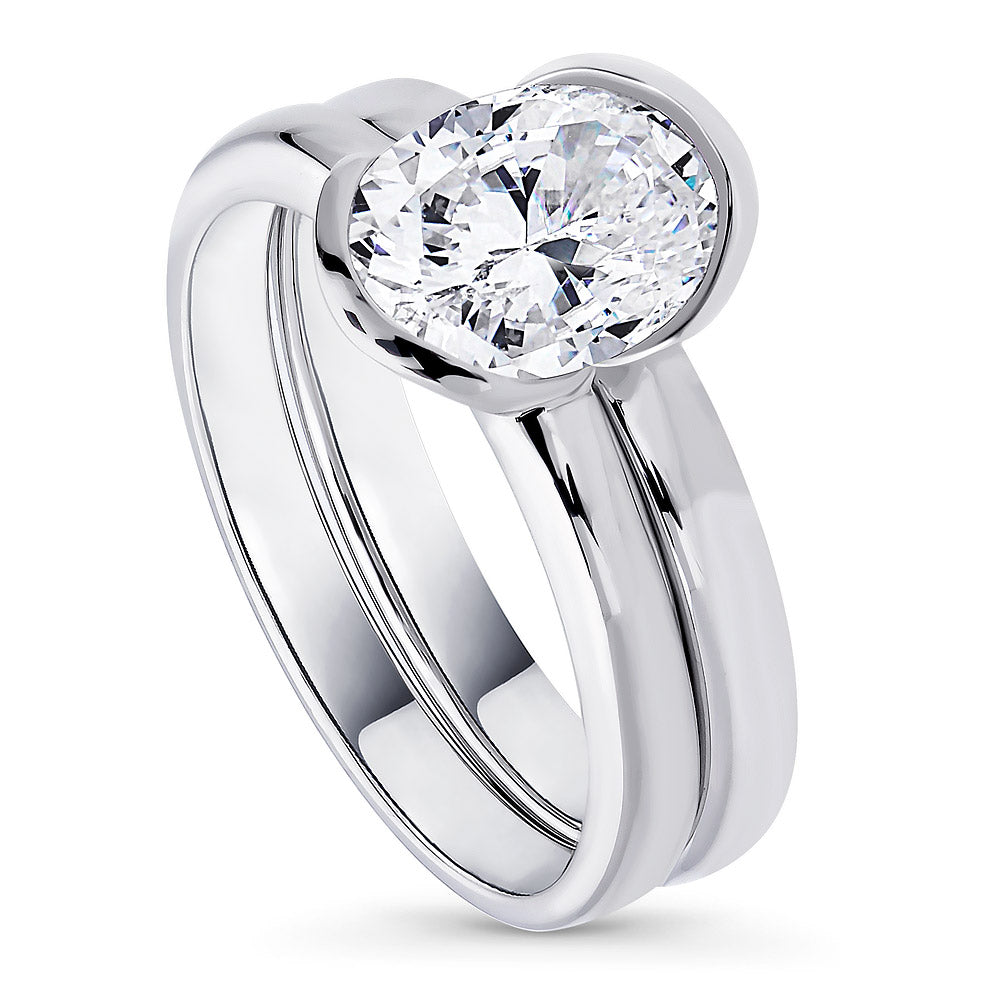 Front view of Solitaire 1.8ct Bezel Oval CZ Ring Set in Sterling Silver, 2 of 7