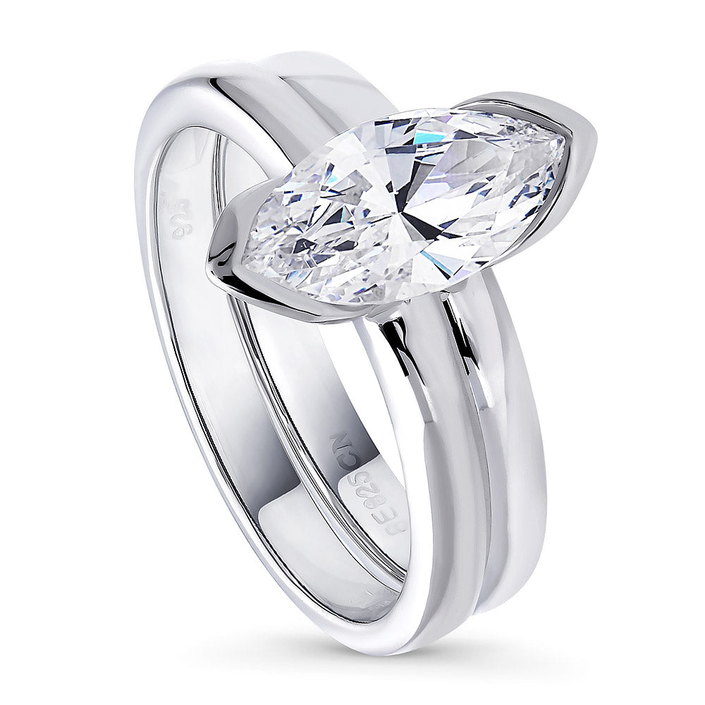 Front view of Solitaire 1.6ct Bezel Marquise CZ Ring Set in Sterling Silver, 4 of 10