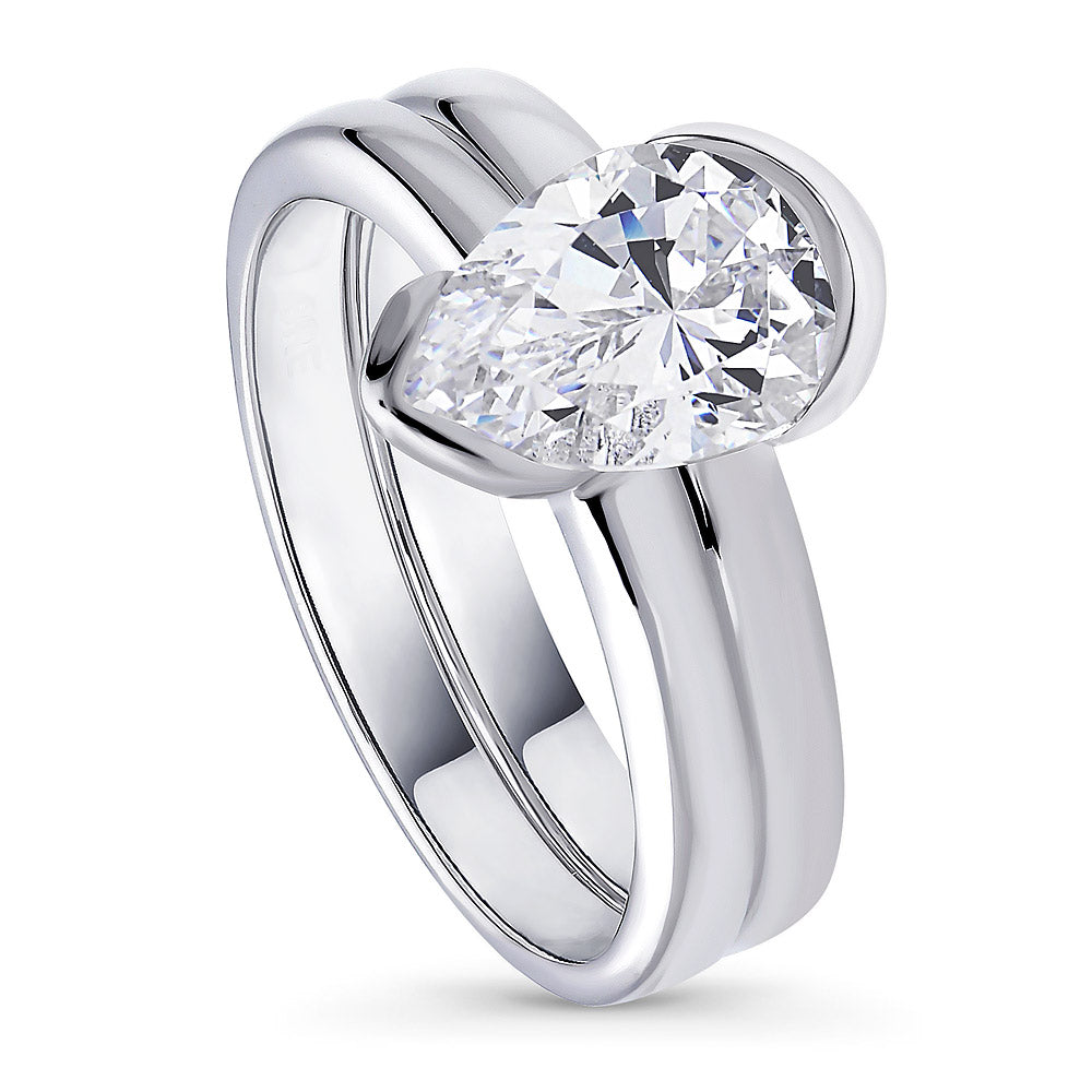 Front view of Solitaire 1.8ct Bezel Pear CZ Ring Set in Sterling Silver, 4 of 10