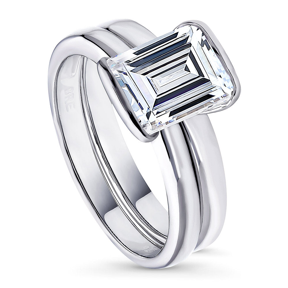 Front view of Solitaire 2.6ct Bezel Emerald Cut CZ Ring Set in Sterling Silver, 4 of 10