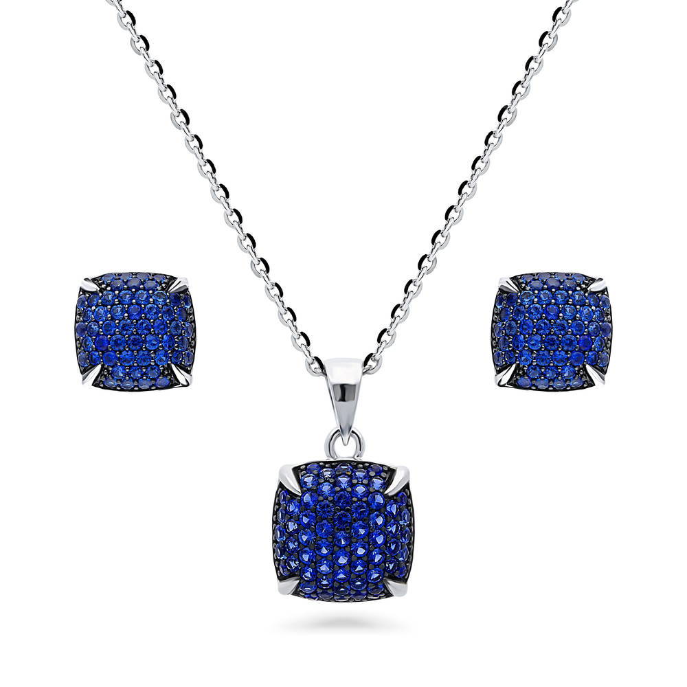 Square CZ Necklace and Earrings in Sterling Silver, Blue Color