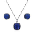 Square CZ Necklace and Earrings in Sterling Silver, Blue Color