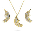 Feather CZ Necklace and Earrings in Sterling Silver, Yellow Gold Flashed