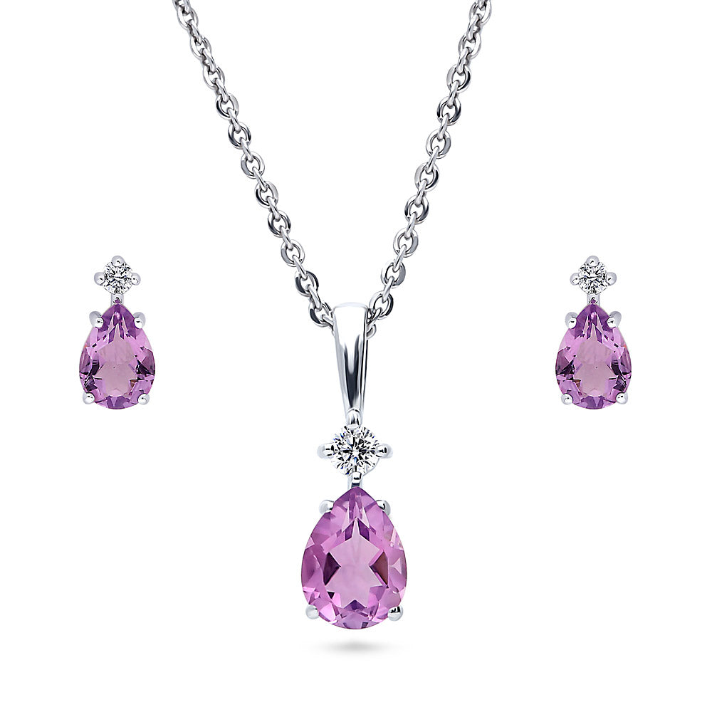 Solitaire 2-Stone 1ct Pear CZ Set in Sterling Silver, Purple Color