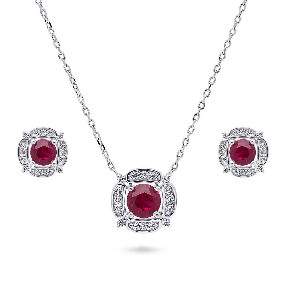 Flower Halo CZ Necklace and Earrings in Sterling Silver, Ruby Color