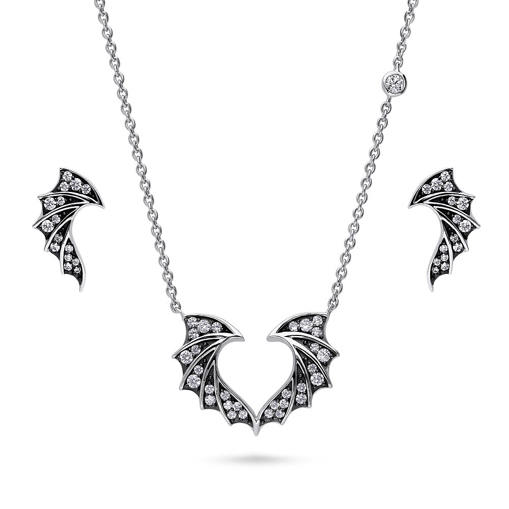 Bat Wings CZ Necklace and Earrings in Sterling Silver