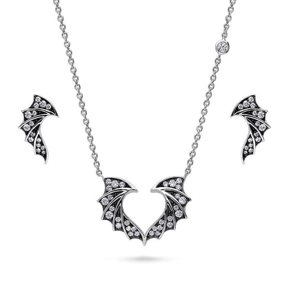 Bat Wings CZ Necklace and Earrings in Sterling Silver