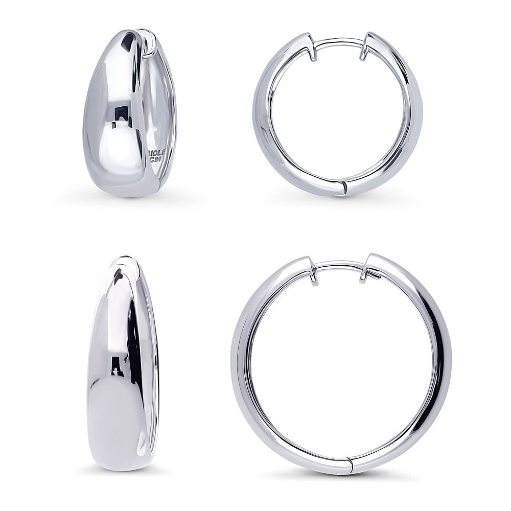 Dome Small Hoop Earrings in Sterling Silver 0.8-1 inch, 2 Pairs, Rhodium Plated