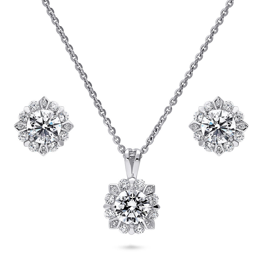 Halo Flower CZ Necklace and Earrings in Sterling Silver, 1 of 7