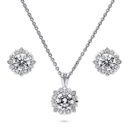 Halo Flower CZ Necklace and Earrings in Sterling Silver