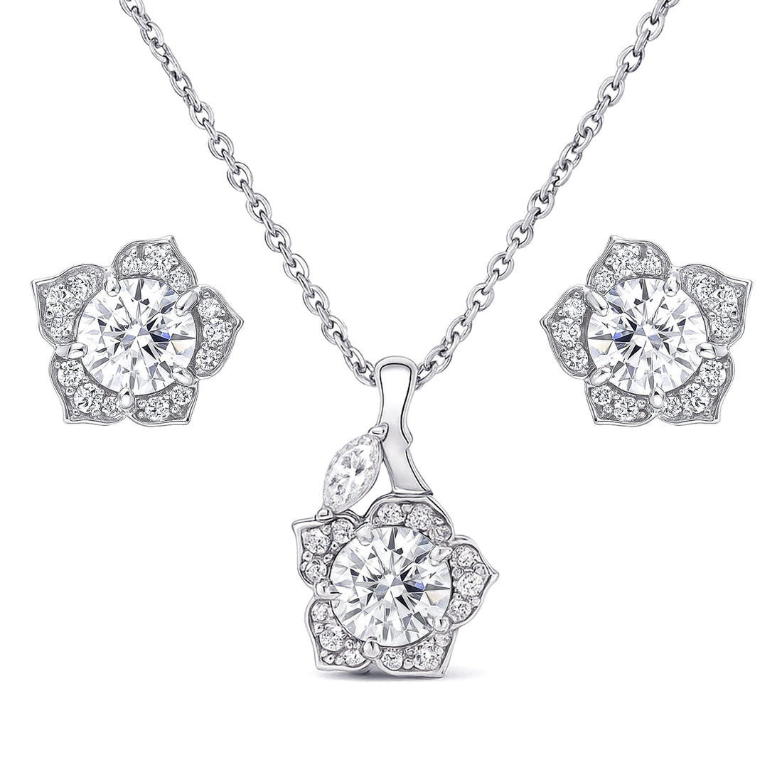 Flower Halo CZ Necklace and Earrings in Sterling Silver