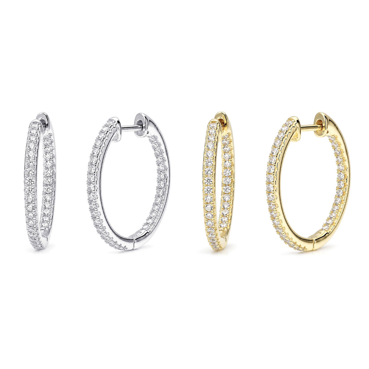 CZ Hoop Earrings in Gold Flashed Sterling Silver 0.9-1", 2 Pairs