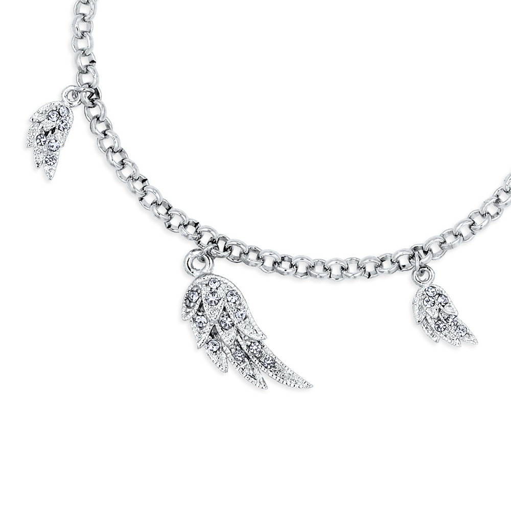 Front view of Angel Wings Charm Anklet in Silver-Tone, 3 of 4