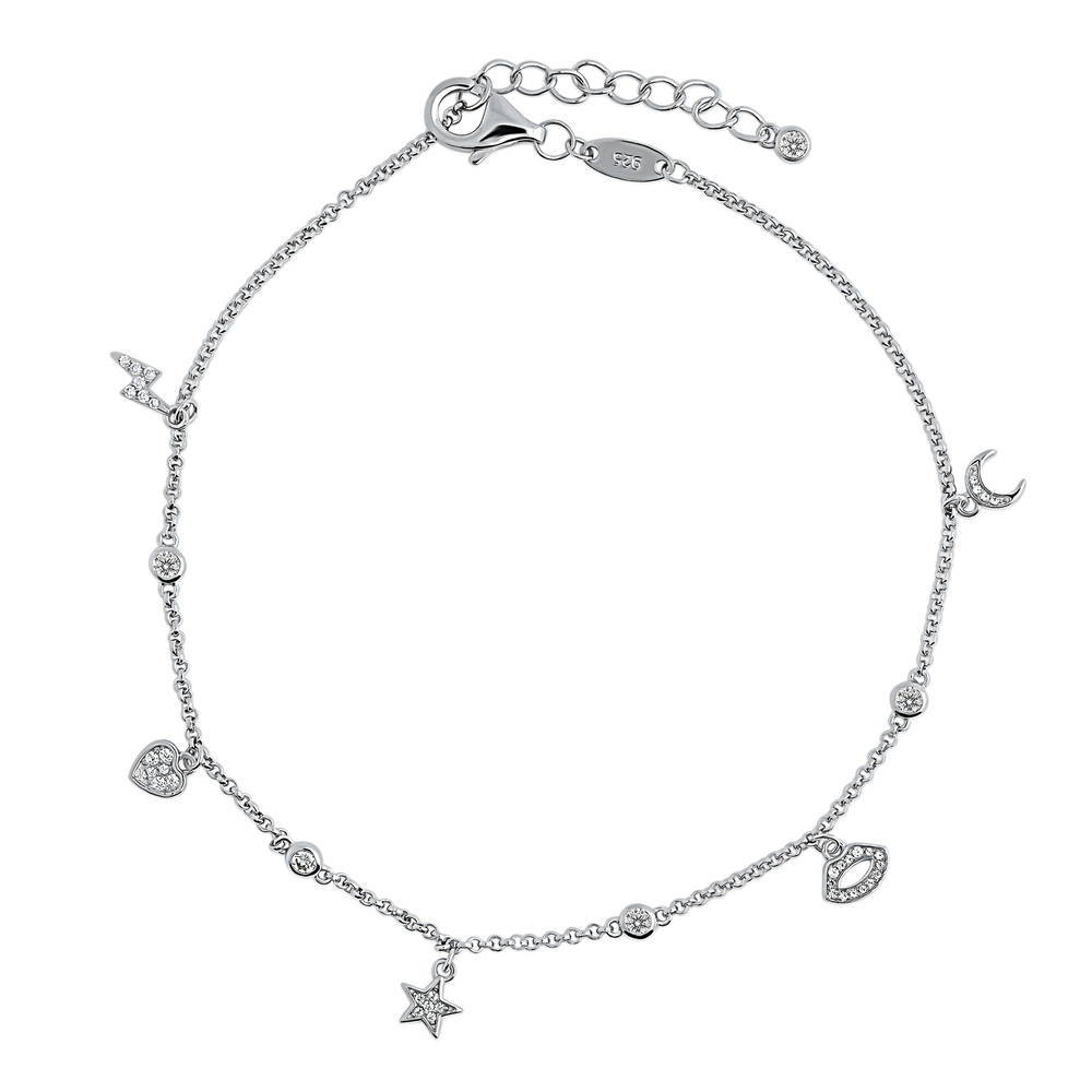 Star Crescent Moon CZ Charm Anklet in Sterling Silver, 1 of 2