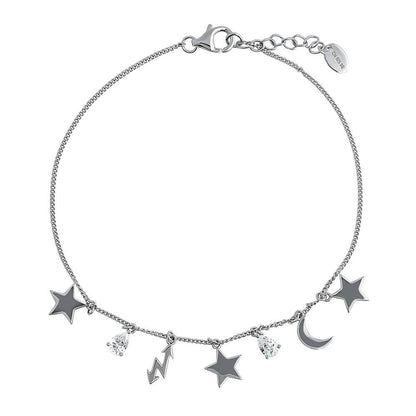 Star Crescent Moon CZ Rolo Chain Charm Anklet in Sterling Silver