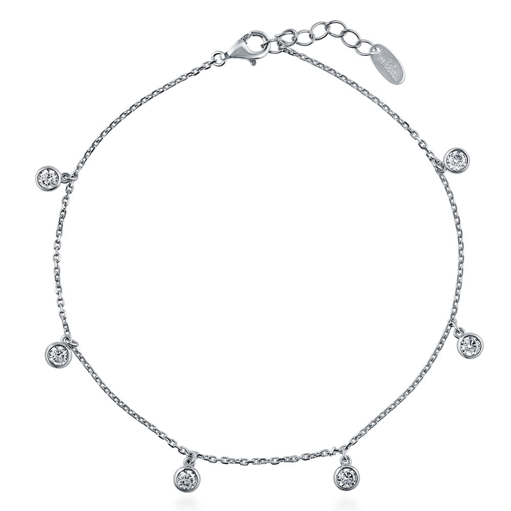CZ Cable Chain Charm Anklet in Sterling Silver, Clear