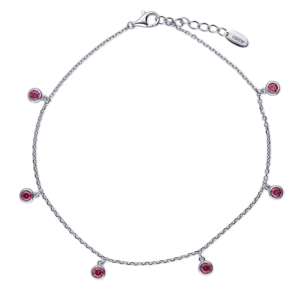 CZ Cable Chain Charm Anklet in Sterling Silver, Red Color