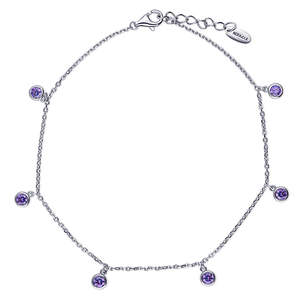 CZ Cable Chain Charm Anklet in Sterling Silver, Purple
