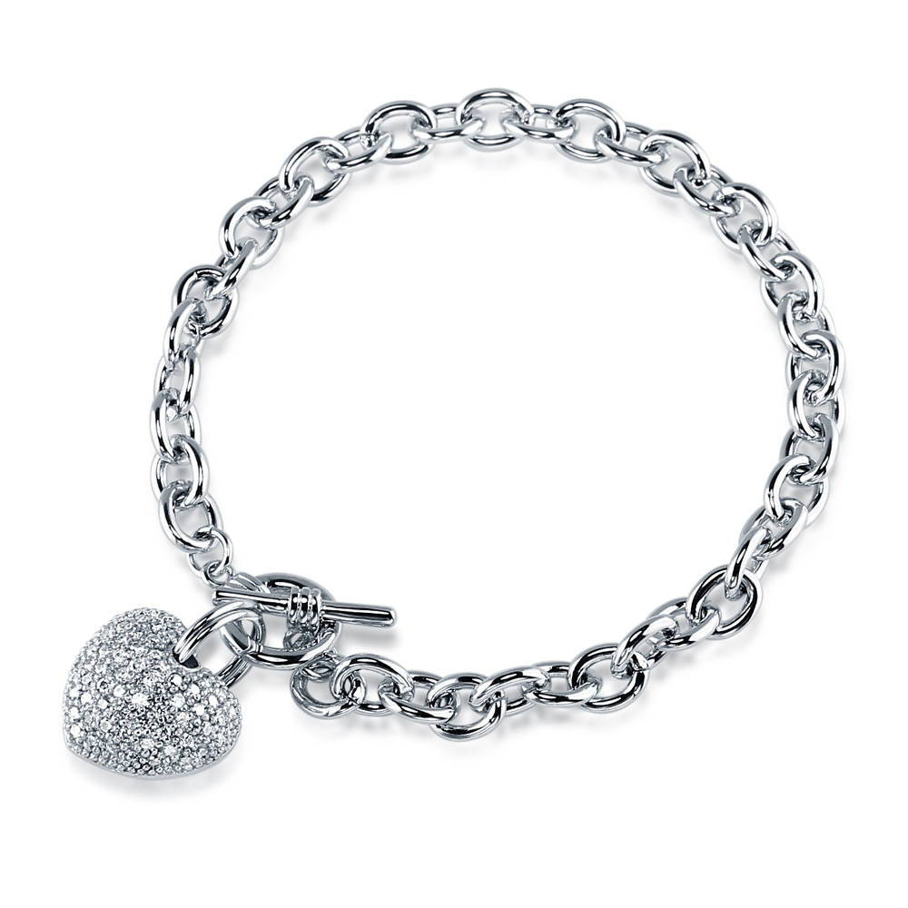 Heart CZ Toggle Charm Bracelet in Silver-Tone, 1 of 9