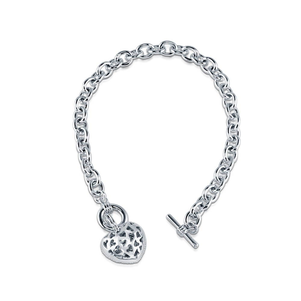 Front view of Heart CZ Toggle Charm Bracelet in Silver-Tone, 5 of 9