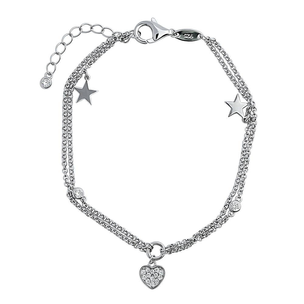 Star Heart CZ Charm Bracelet in Sterling Silver